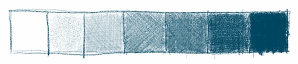 A hand-drawn row of seven squares, each given a solid shade with cross-hatched dark blue pencil. The left-most square is pure white, the right-most square is as dark as it can get, and from left to right the in-between squares get progressively darker.
